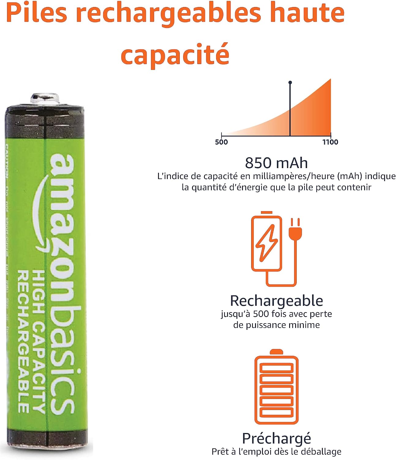 Detalle de Amazon Basics lot de 8 piles rechargeables AAA NiMH 850 mAh (1,2 V)
