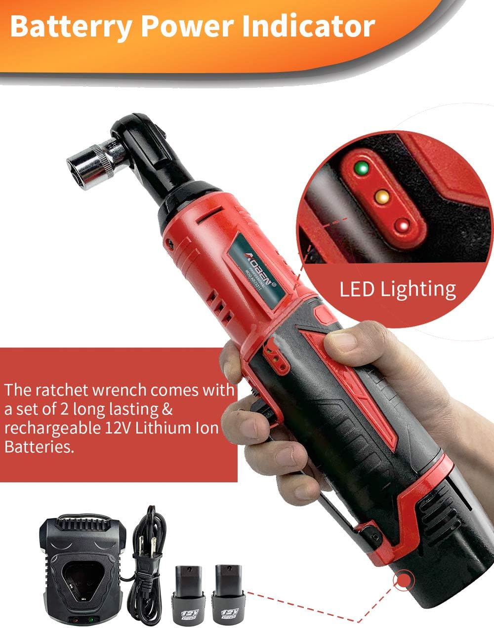 Detalle 2 de AOBEN 5808 Ratchet 3/8-Inch Cordless Electric Ratchet, 12V, 40 ft-lb