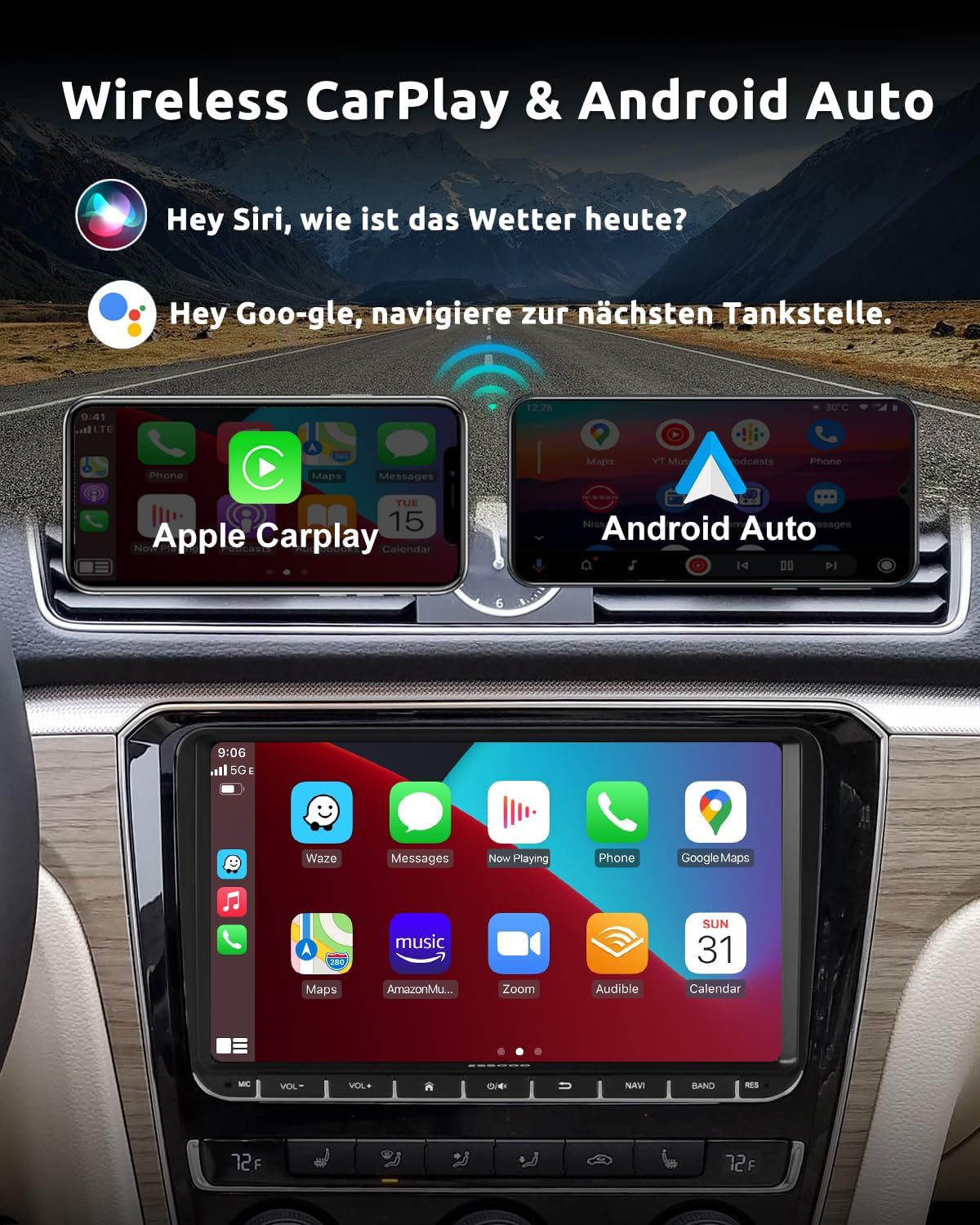 Detalle 2 de ESSGOO True 4+64G: Kabelloses Autoradio mit 9-Zoll Touchscreen, CarPlay/Android Auto – VW-kompatibel