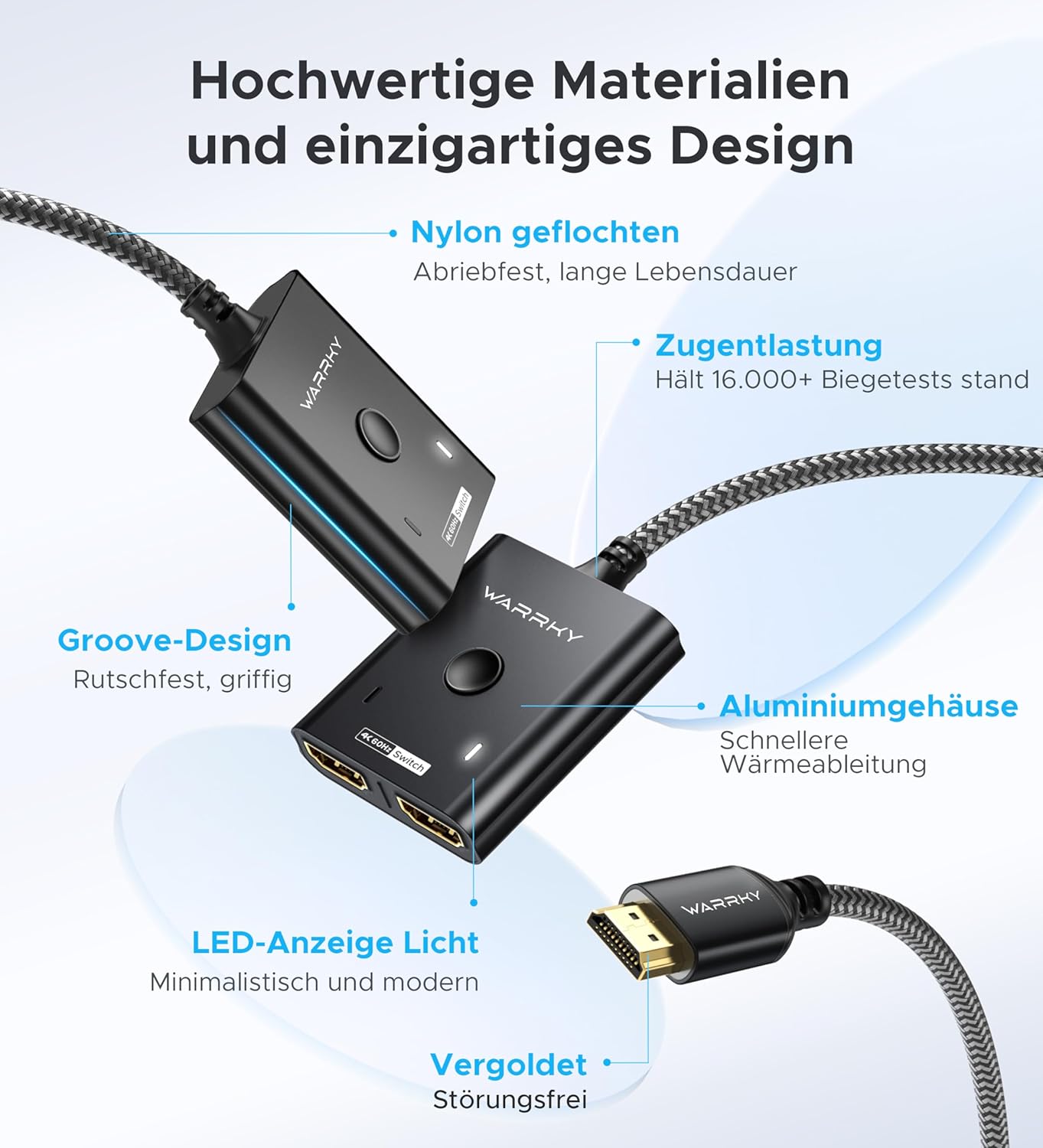 Thumbnail 4 de WARRKY HDMI Switch 4K@60Hz: 2 Eingänge zu 1 Ausgang, Aluminiumgehäuse, HDCP 2.2, 3,3 ft Kabel