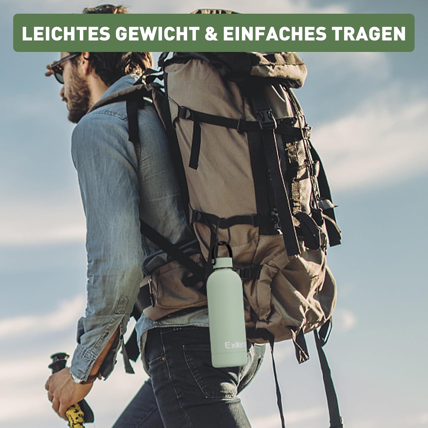 Thumbnail 6 de Exllena Edelstahl-Trinkflasche mit Griff & Karabiner, isolierte Thermosflasche 500 ml (Flechtengrün)