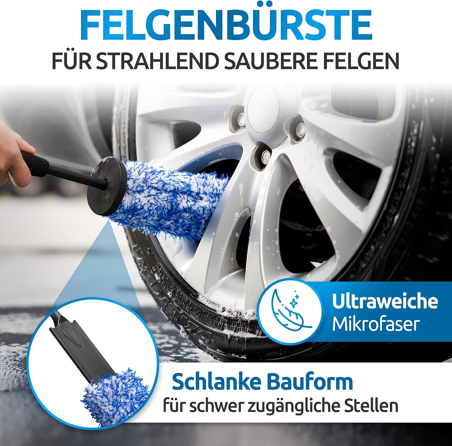 Detalle de ROADZ Premium 3in1 Autoreinigungsset – Waschbürsten-Überzug, Felgenbürste und Mikrofasertücher