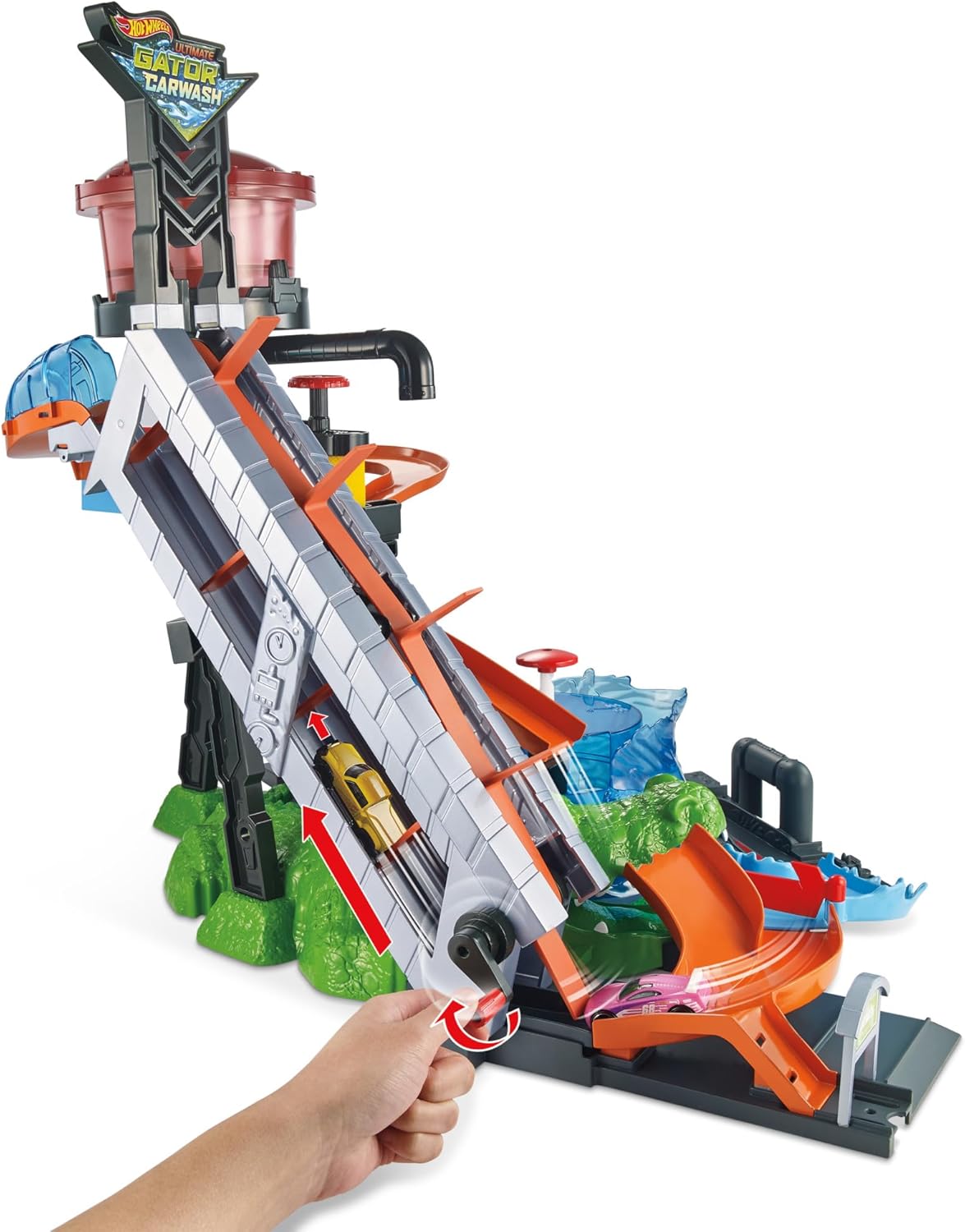Detalle de Hot Wheels City Station de Lavage Ultime, Coffret avec Pistes Color Shifters et Alligator Géant (FTB67)
