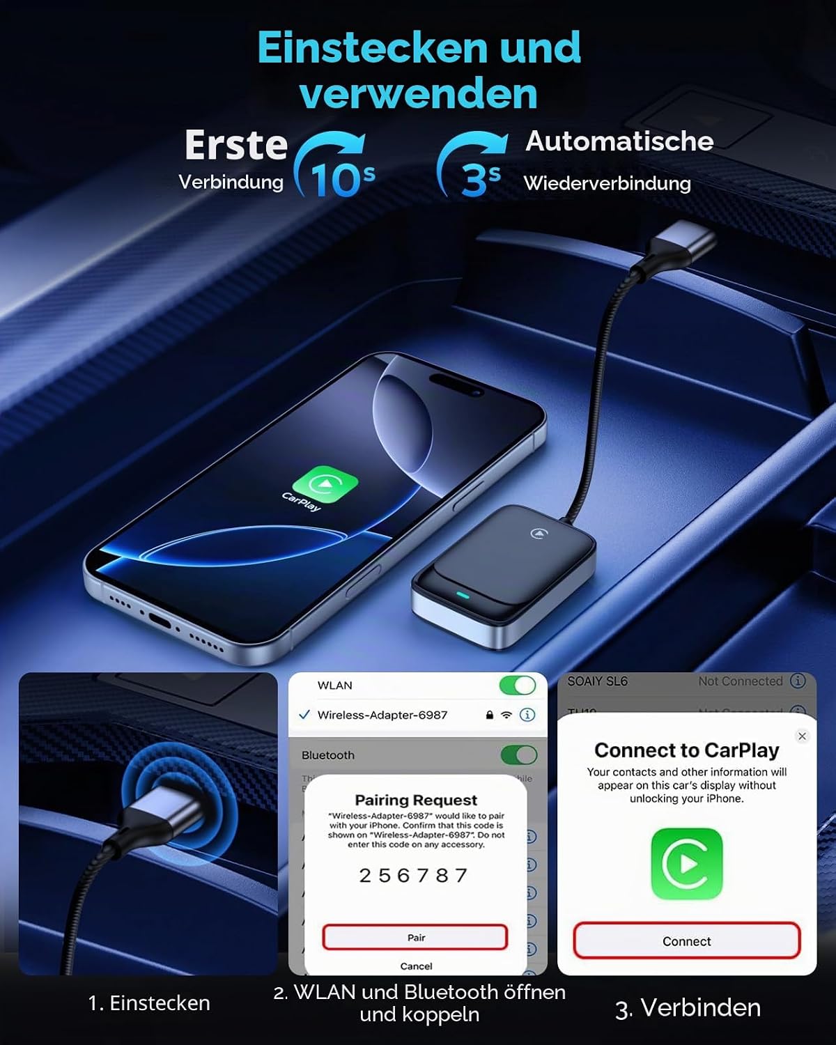 Detalle de MoKo CarPlay Wireless Adapter für Apple iPhone – kabellos aus kabelgebundenem CarPlay nutzen