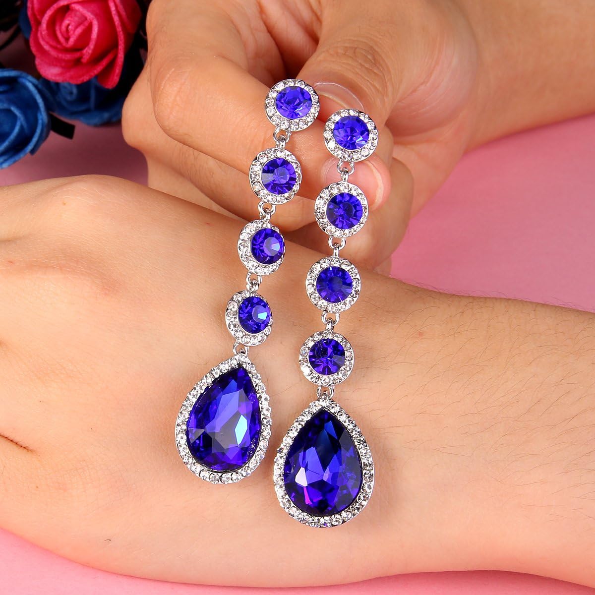 Detalle de Clearine orecchini da sposa con cristallo e gocce pendenti argentate