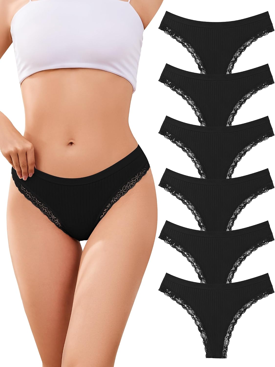 Detalle de ANSUKOO stringtrosor i bomull, 6-pack med låg midja och sömlös tanga