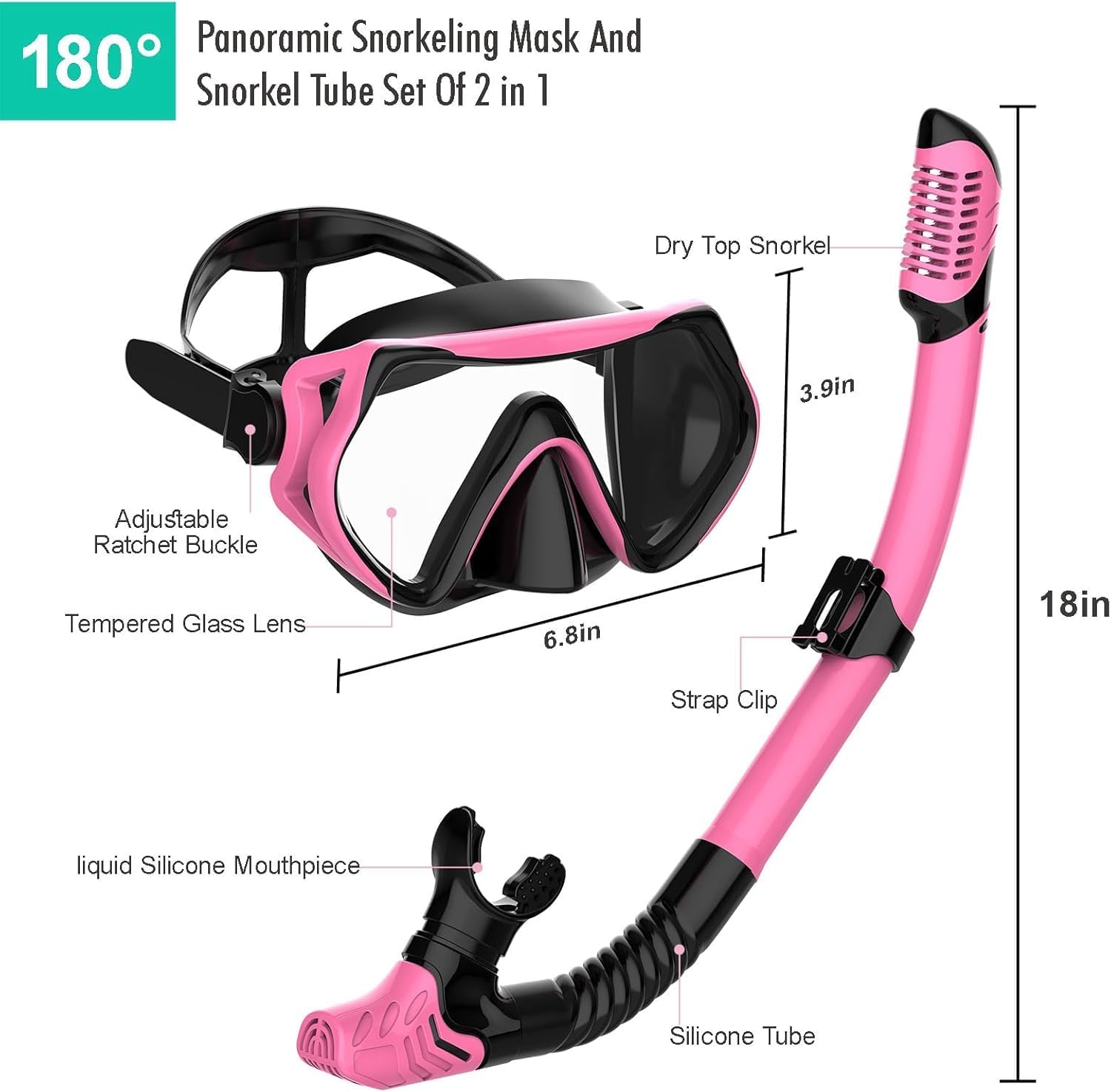 Detalle 2 de JRing Snorkel Mask Set for Adults — Dry Top with 180° Anti-Fog Glass and Purge Valve
