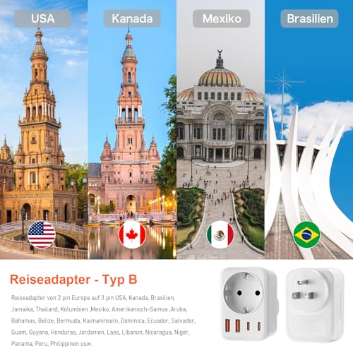 Detalle de Denlane 2er Pack USA Adapter Steckdose – 5-in-1 Typ B (EU auf US Reiseadapter)
