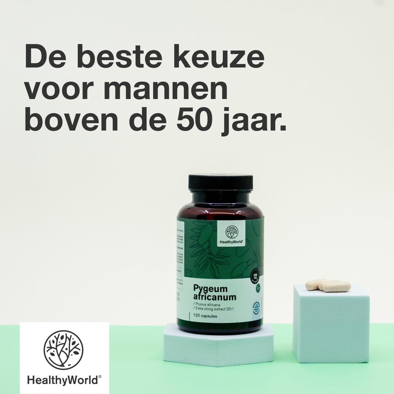 Detalle de HealthyWorld Pygeum 100 mg, extract 20:1, 120 vegetarische capsules