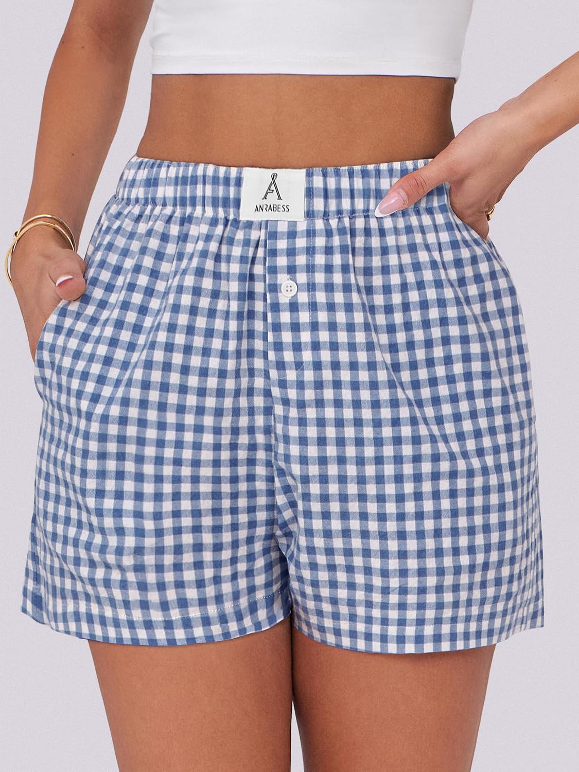 Detalle de ANRABESS Women's Gingham Boxer Shorts for Summer 2026