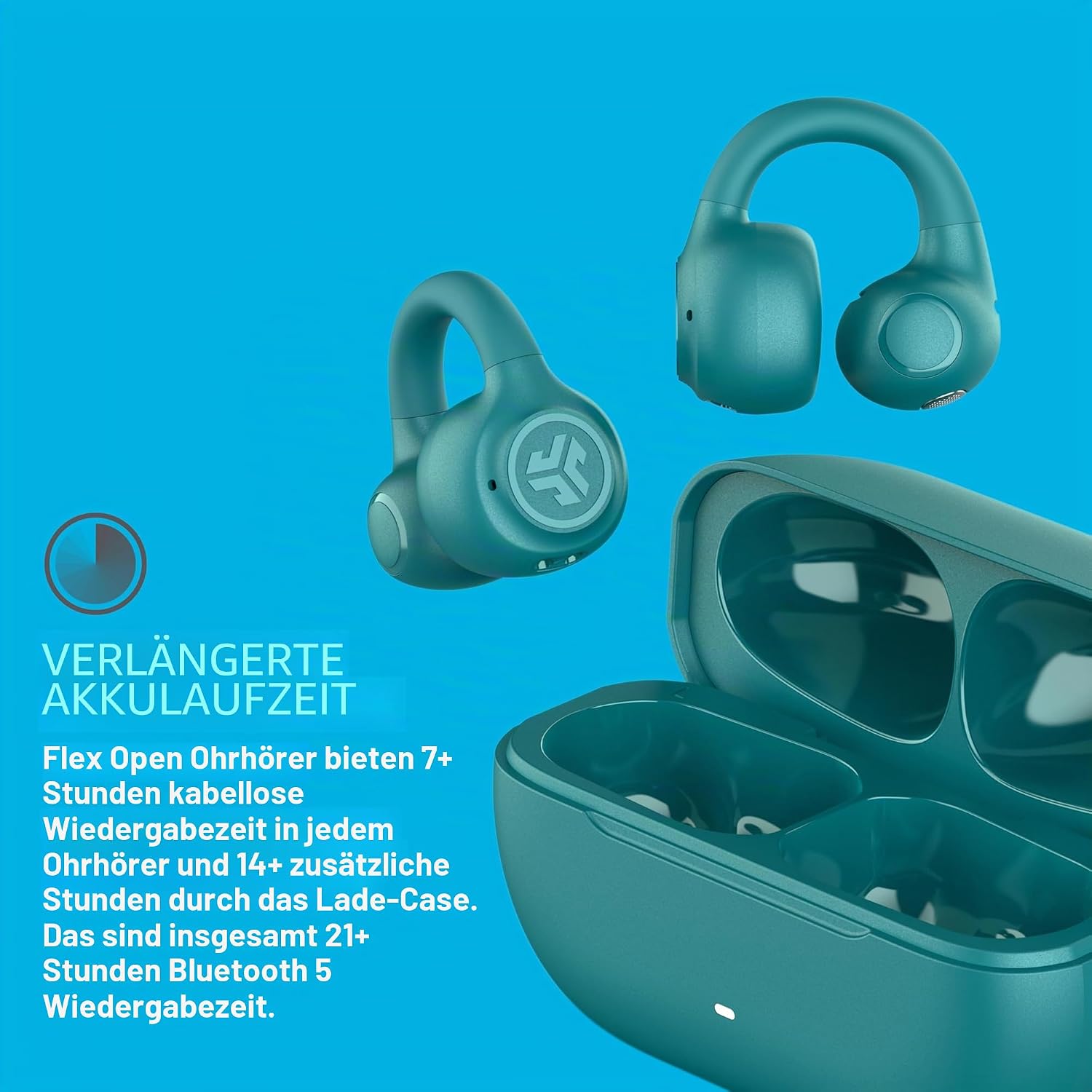 Detalle de JLab Flex Open Ear Kopfhörer (Open-Ear) mit Bluetooth Multipoint, Clip-Design und 21 Stunden Akkulaufzeit – Blaugrün