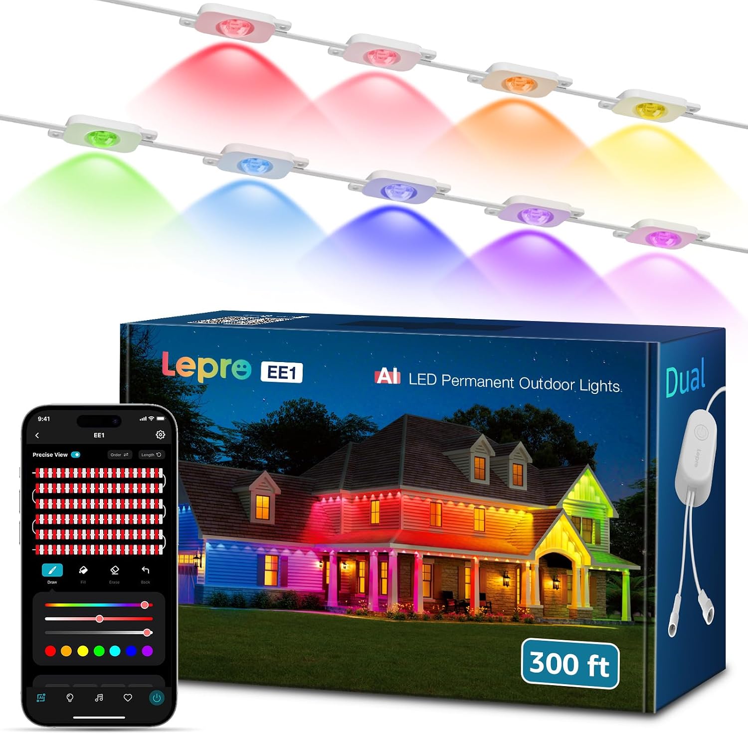 Detalle de Lepro E1 AI Permanent Outdoor Lights, 300 ft, 180 RGB+IC LEDs, Dual Output