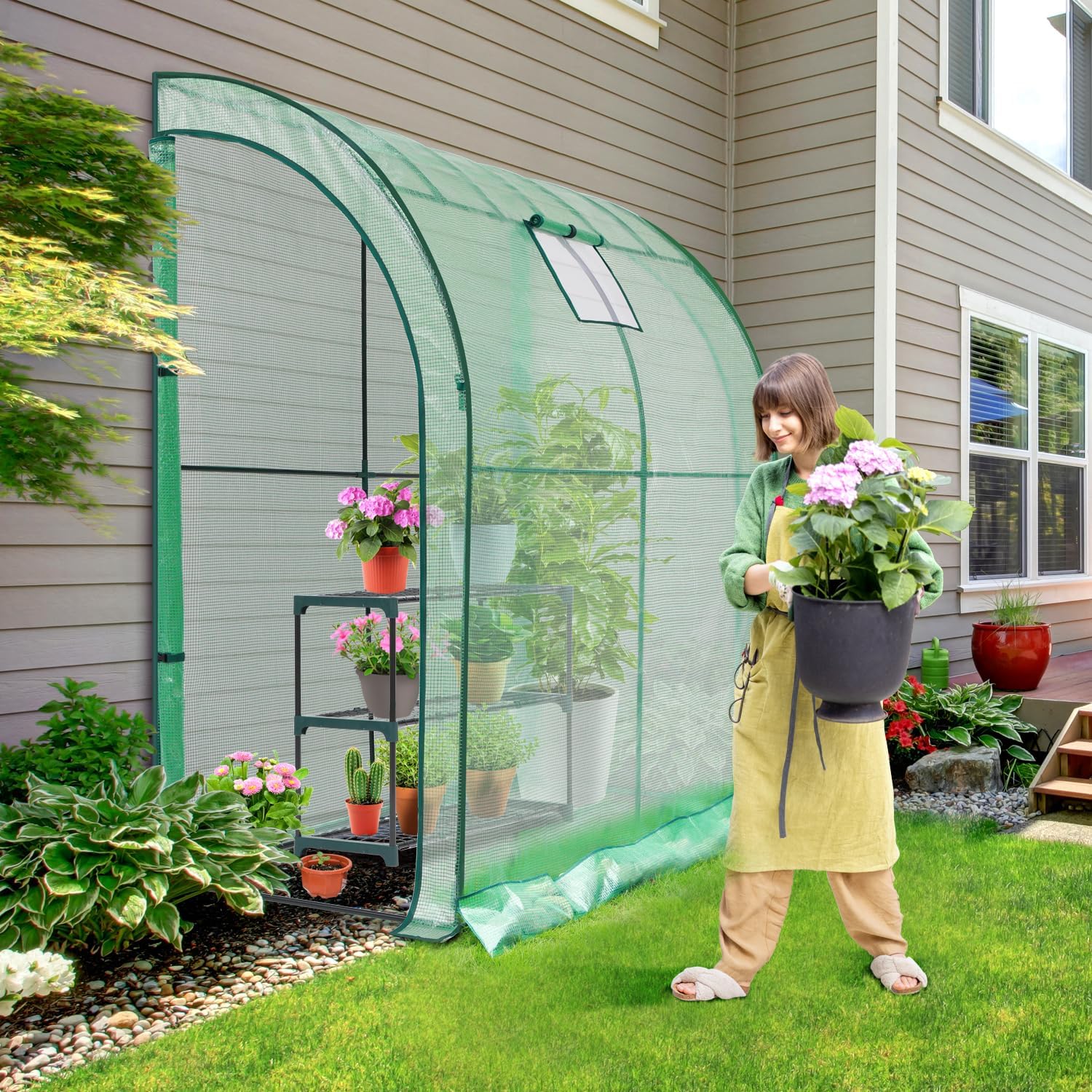 Detalle 2 de Ohuhu portable lean-to greenhouse with free 3-tier shelving unit, mesh windows and double roll-up zip doors (200 x 100 x 210 cm)