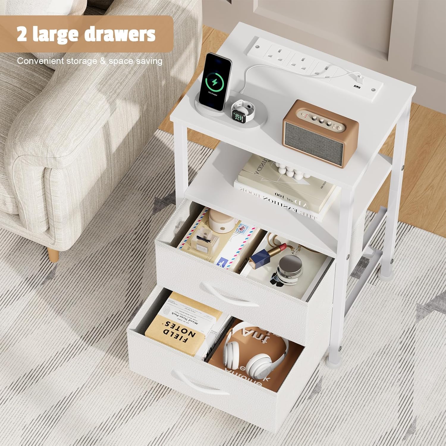 Detalle 2 de Yornoli Bedside Table with Charging Station – 40cm Wide, White with LED Lights and Fabric Drawers
