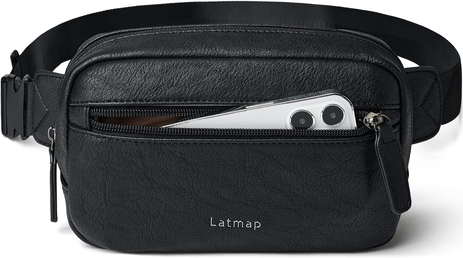 Detalle de LATMAP 2L Bumbag Fanny Pack: Vegan Leather, Water-Resistant Belt Bag in Black