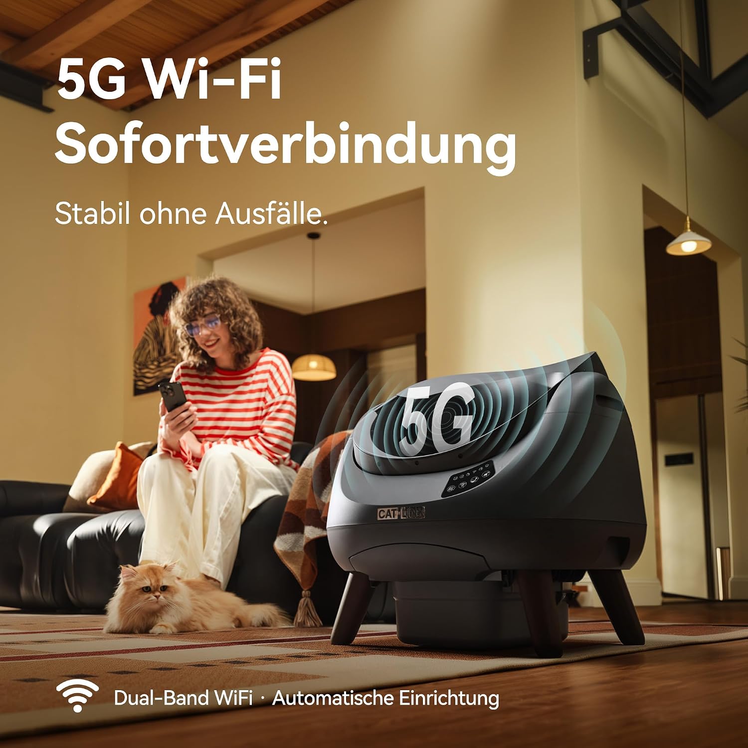 Detalle de CATLINK Selbstreinigende Katzentoilette XXL mit offenem Top-Design, 5 GHz WLAN & 12L Großvolumen (Grau)