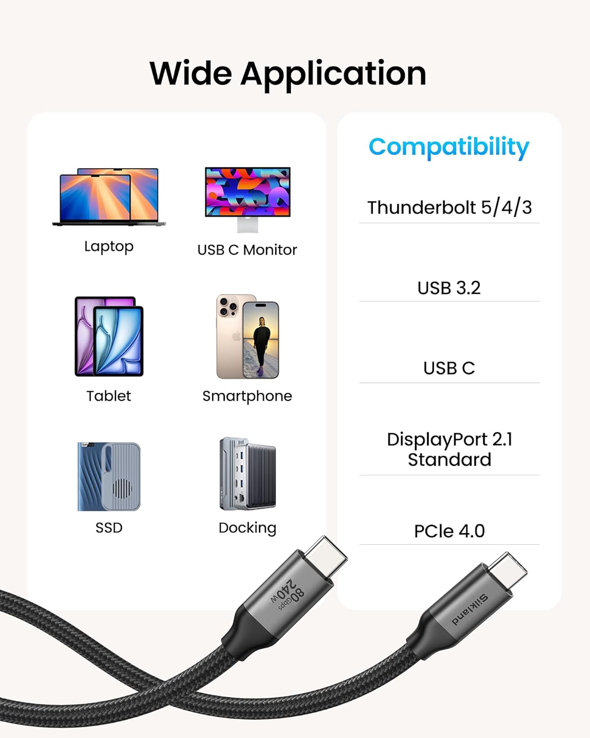 Thumbnail 6 de Silkland USB 4 Thunderbolt 5 Cable 80Gbps/120Gbps, 10FT (3m) — 240W Fast Charge & Dual 8K/16K Display Ready