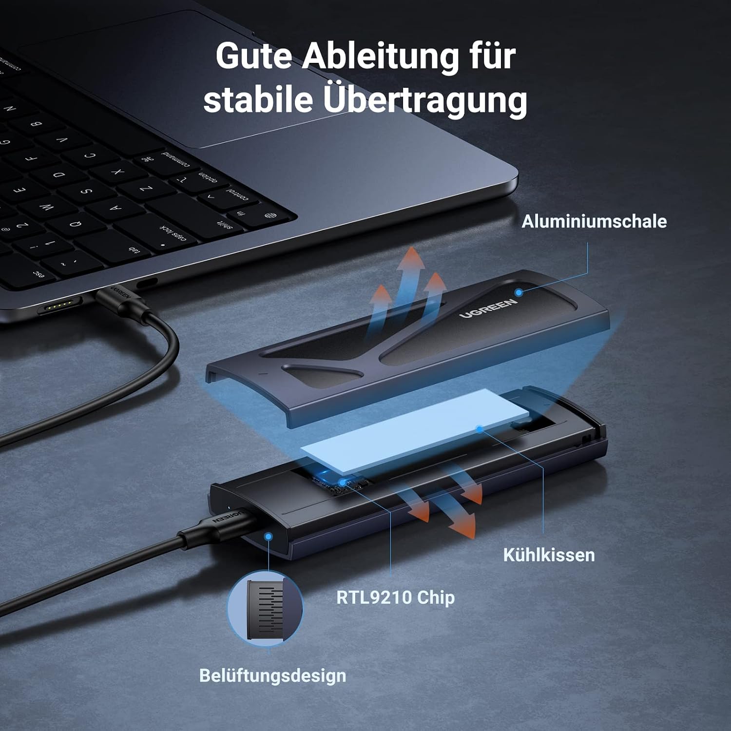 Thumbnail 4 de UGREEN NVMe M.2 USB 3.2 Gehäuse-Adapter mit Kühlkissen – 10 Gbps, M.2 NVMe Docking Station 2230–2280