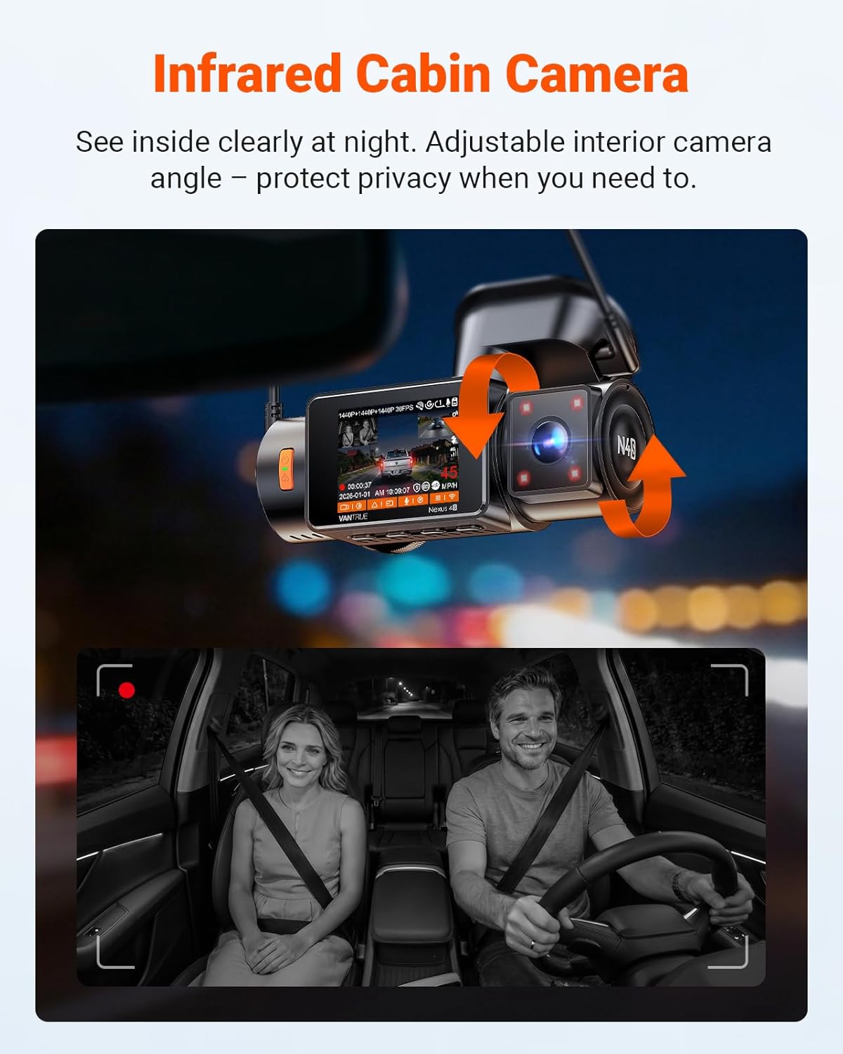 Thumbnail 6 de Vantrue N4S 3-Channel Dash Cam with STARVIS 2 Night Vision, PlatePix, Wi-Fi, and GPS (Front + Rear + Inside)