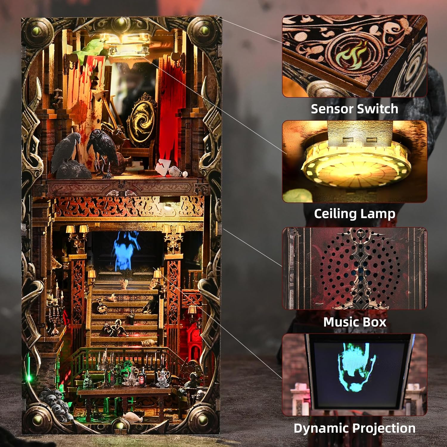 Detalle de ETKVR Book Nook Kit – Horror DIY Booknook Modell mit LCD, LED und Spiegelillusion für dein Bücherregal