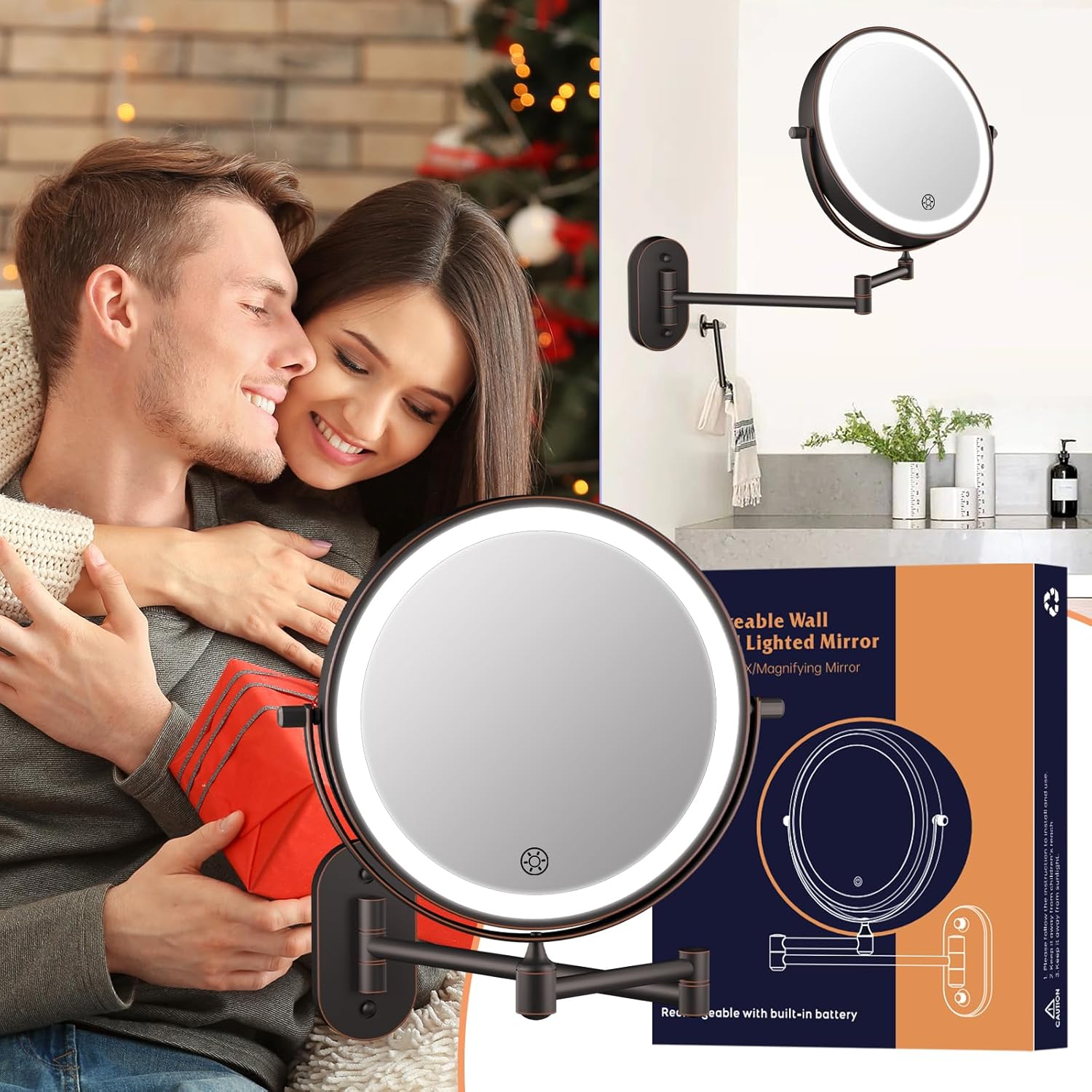 Thumbnail 6 de 5000mAh Rechargeable Wall Mounted Lighted Makeup Vanity Mirror with 1X/30X Magnification in Antique Bronze