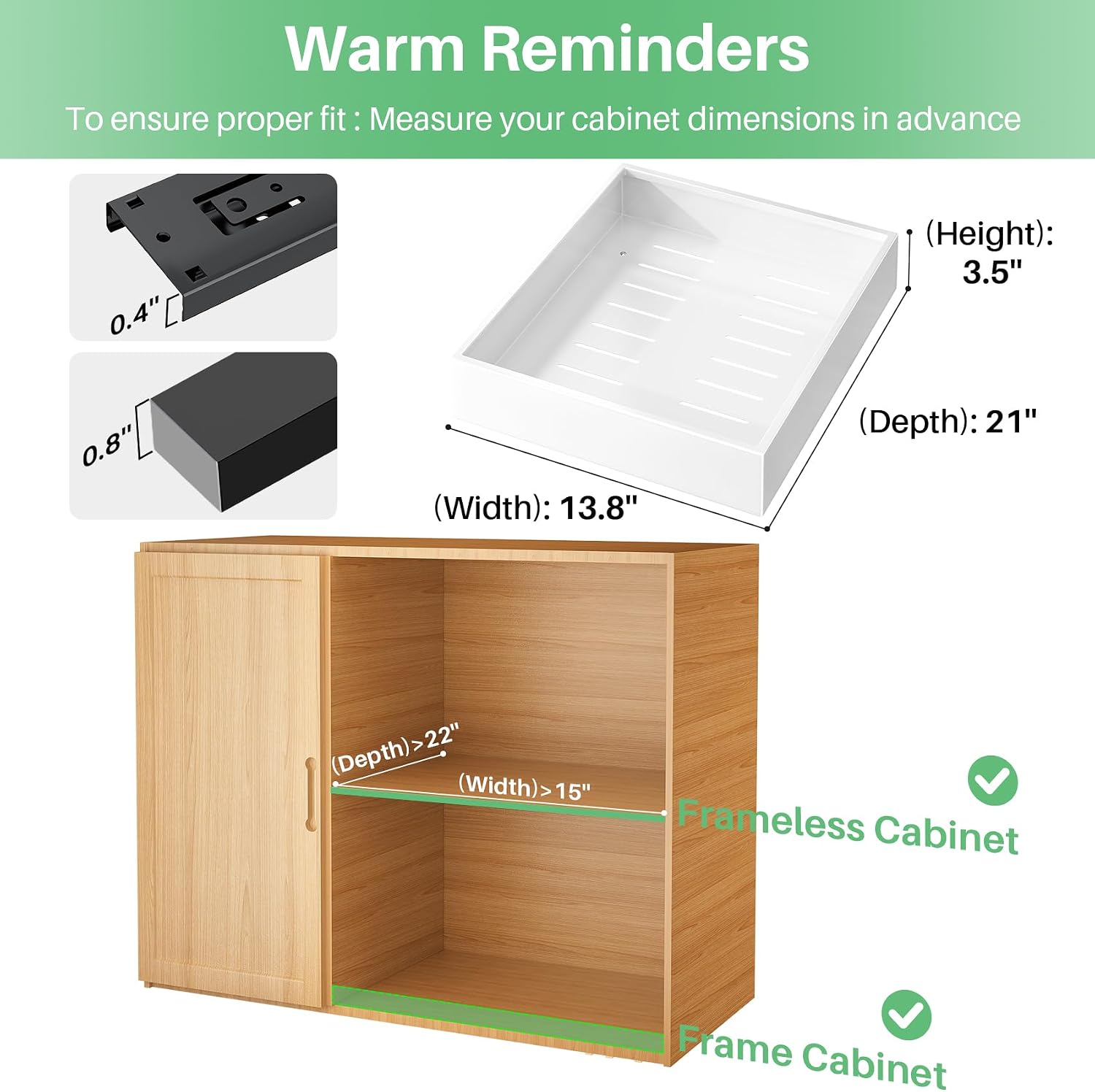 Detalle de 2-Pack Pull-Out Cabinet Organizer (21" Deep) — Heavy-Duty Full-Extension Slide Out Drawers for Frameless Cabinets, White