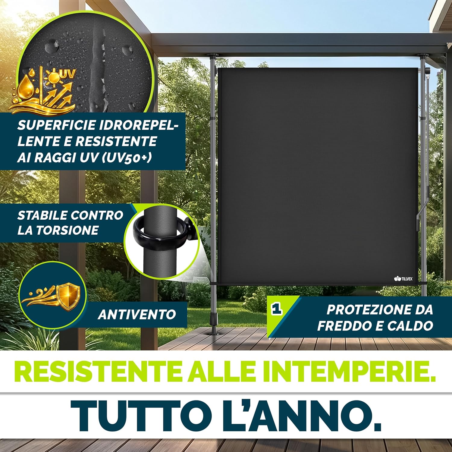 Thumbnail 5 de tillvex® Tenda da sole verticale esterna 150 x 310 cm Anthracite con manovella – senza fori, frangivista, allungabile e opaca