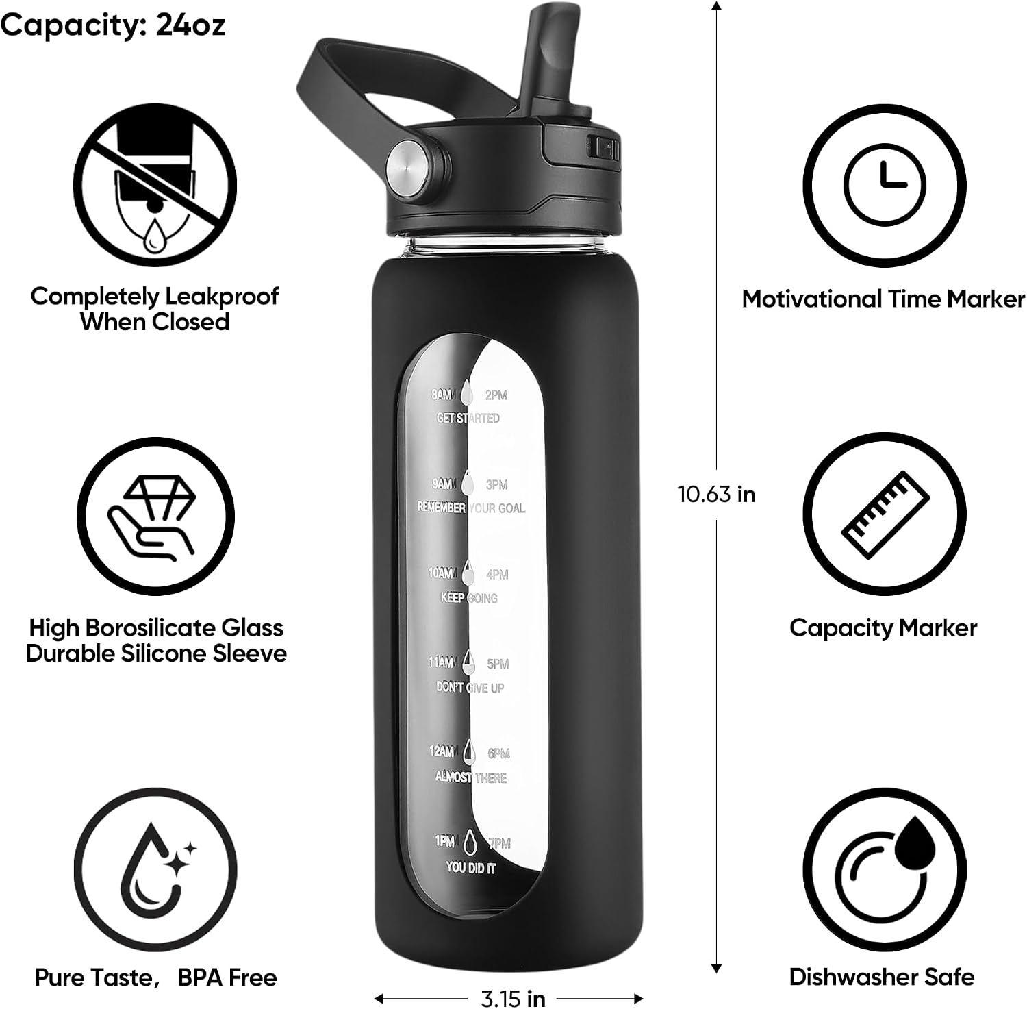 Thumbnail 4 de CIVAGO GWJ24NAVY 24 oz Glass Water Bottle with Straw and Time Markers