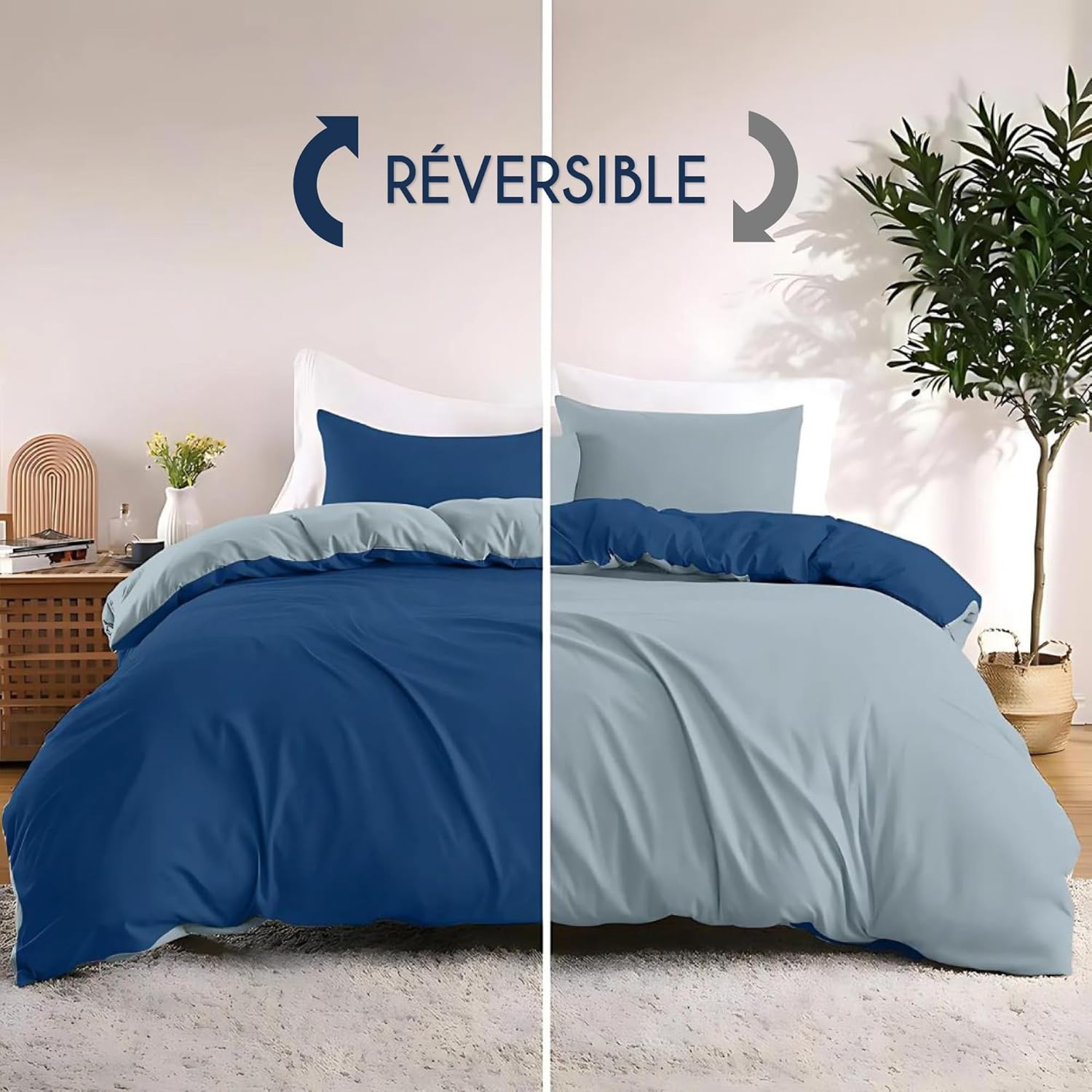 Thumbnail 3 de Dreamzie Parure de lit 200x200 en microfibre (housse de couette + 2 taies 65x65) bleu foncé/bleu gris