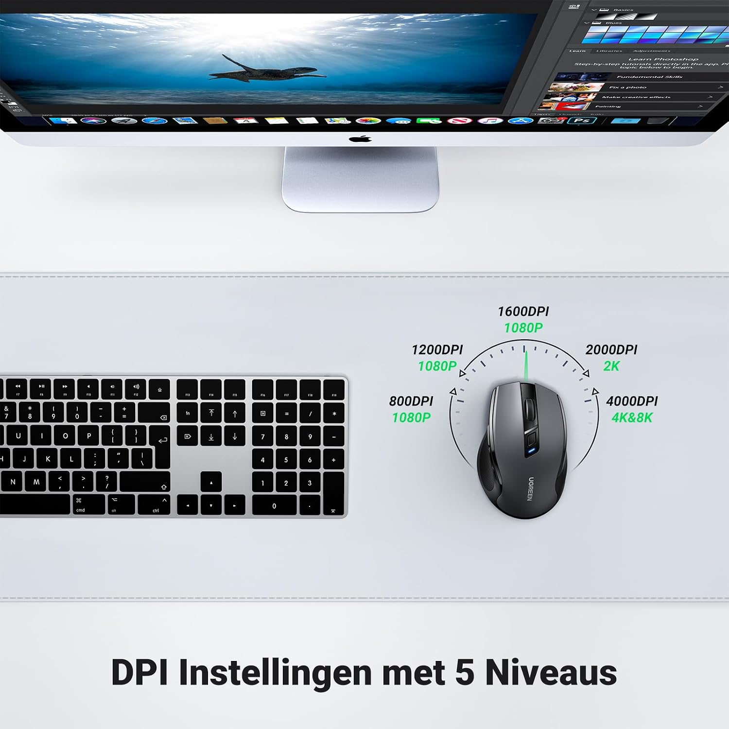 Detalle de UGREEN draadloze ergonomische muis met stille klik, 5 DPI-niveaus en USB-ontvanger