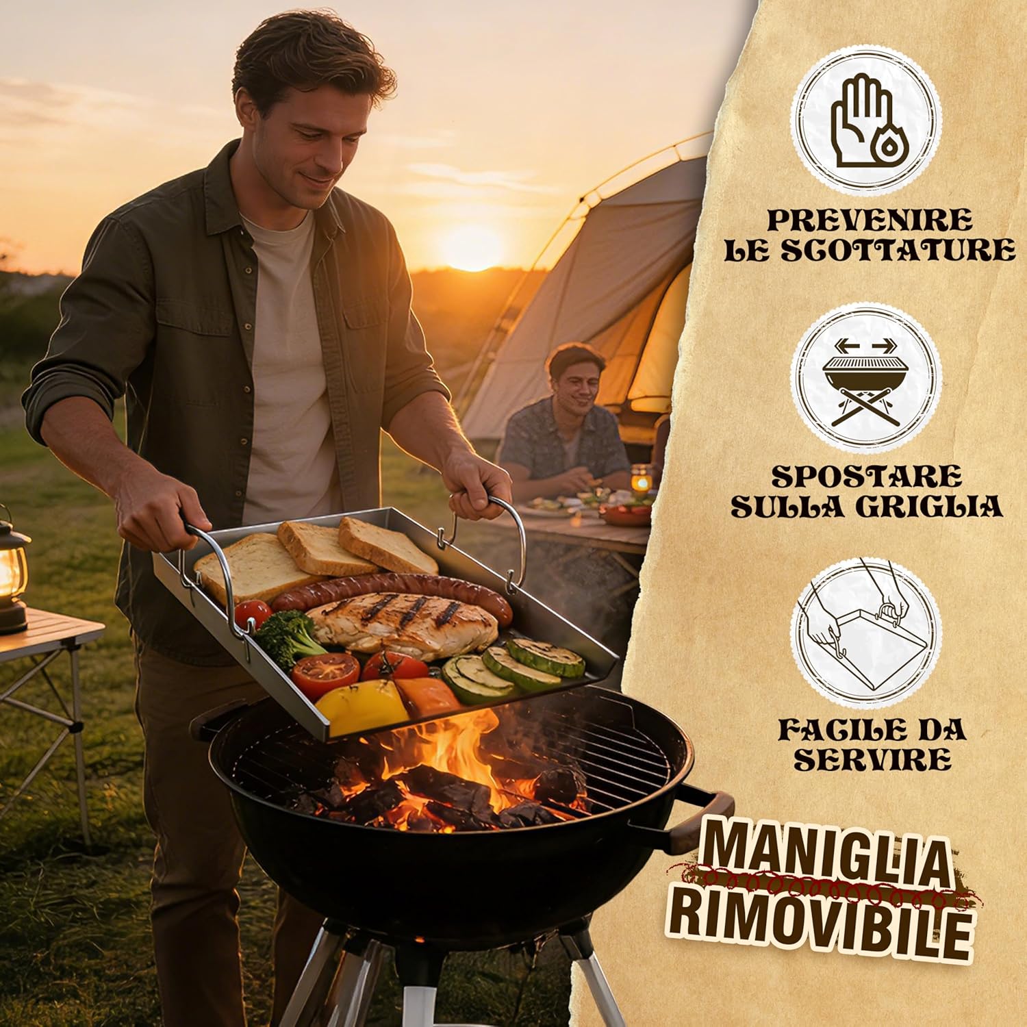 Detalle de JONRRYIN Piastra in Acciaio Inox 40 × 30 cm per BBQ a Gas o Carbone con 2 Spatole e Manico Rimovibile