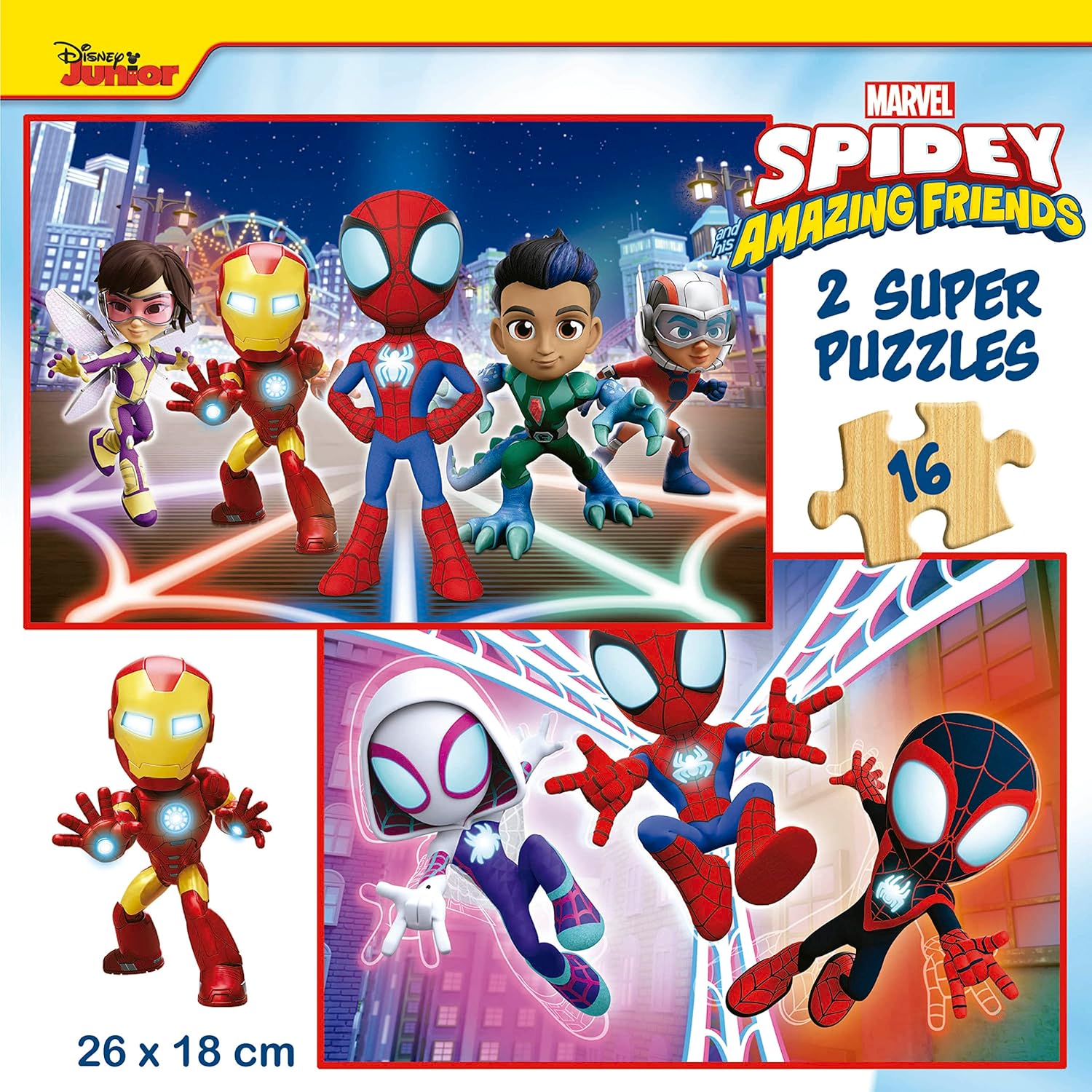 Thumbnail 2 de Educa Spidey & Amazing Friends – Ensemble de 2 puzzles en bois (16 pièces chacun) +3 ans, 26 x 18 cm