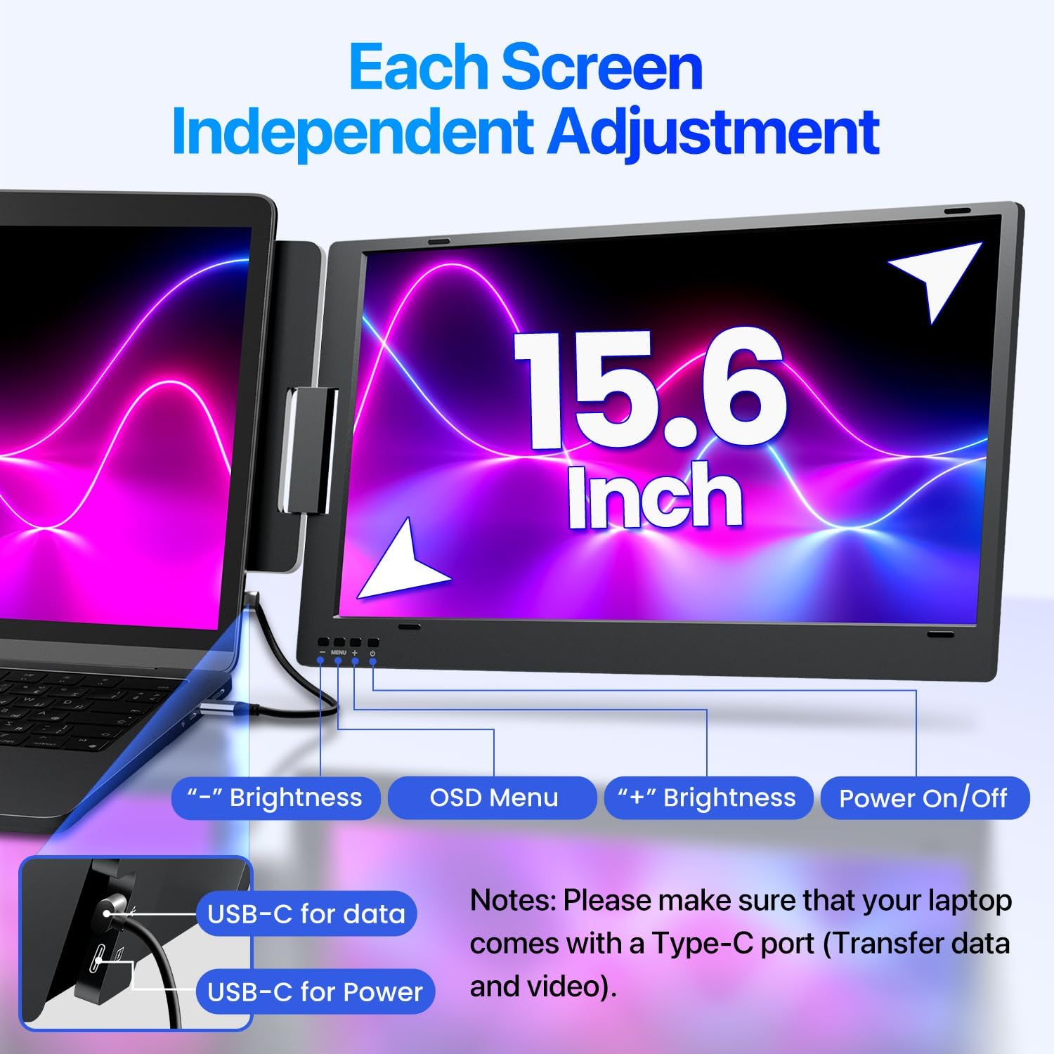 Detalle de KPKUE 15.6" Laptop Screen Extender with Just One Cable: Triple Screen, FHD IPS, Portable Aluminium Design