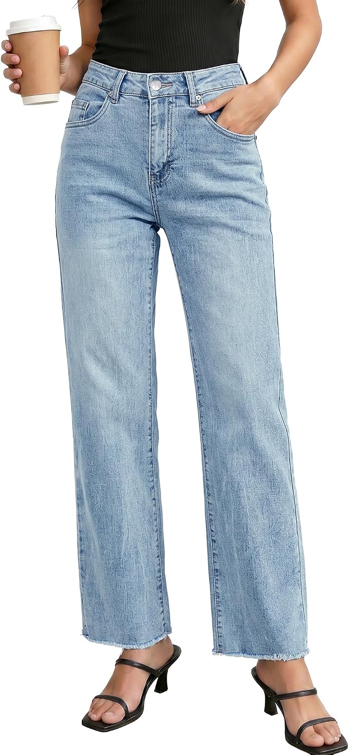Detalle de GRAPENT High-Waisted Straight Leg Jeans for Women with Stretch & Frayed Raw Hem