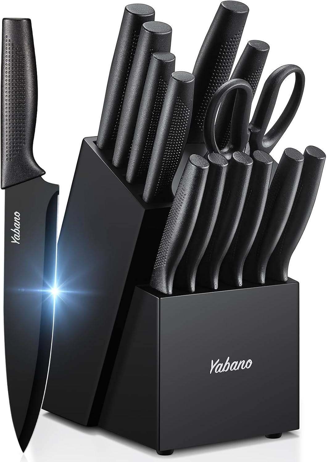 Detalle de Yabano 14-Piece Kitchen Knife Set with Integrated Sharpener Block, Black