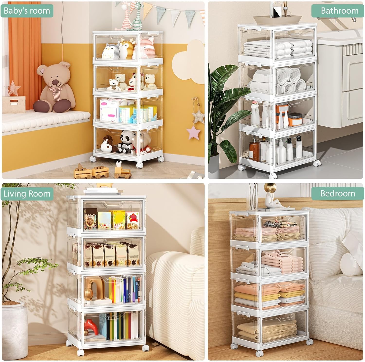 Detalle de Kmiectse Clear Storage Bins with Lids (4-Tier, 23 QT) with Wheels and Magnetic Door