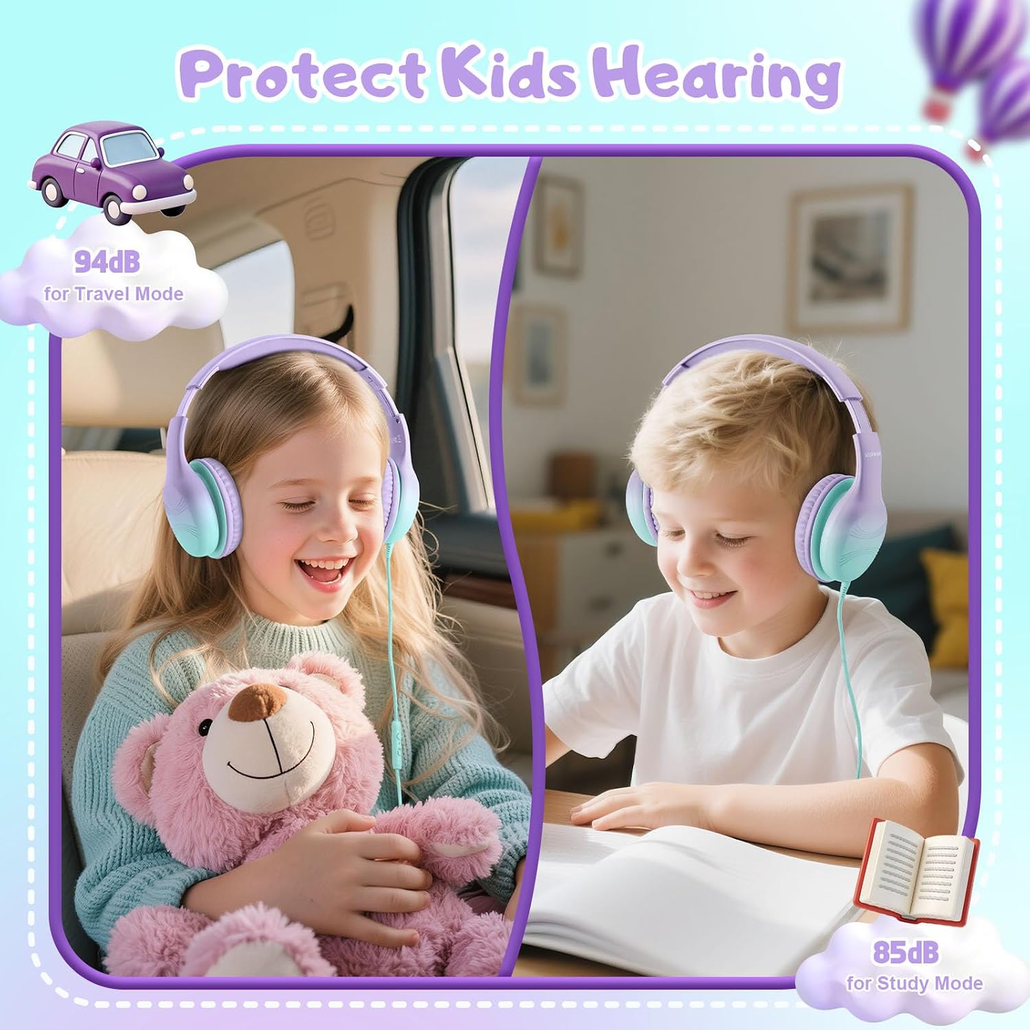 Detalle 2 de Voopwink USB Type-C Kids Headphones KH5 with Microphone — Safe Volume 85/94dB, 40mm Drivers, Durable Nylon Cord, Foldable Over-Ear for School and Travel (Green Violet)