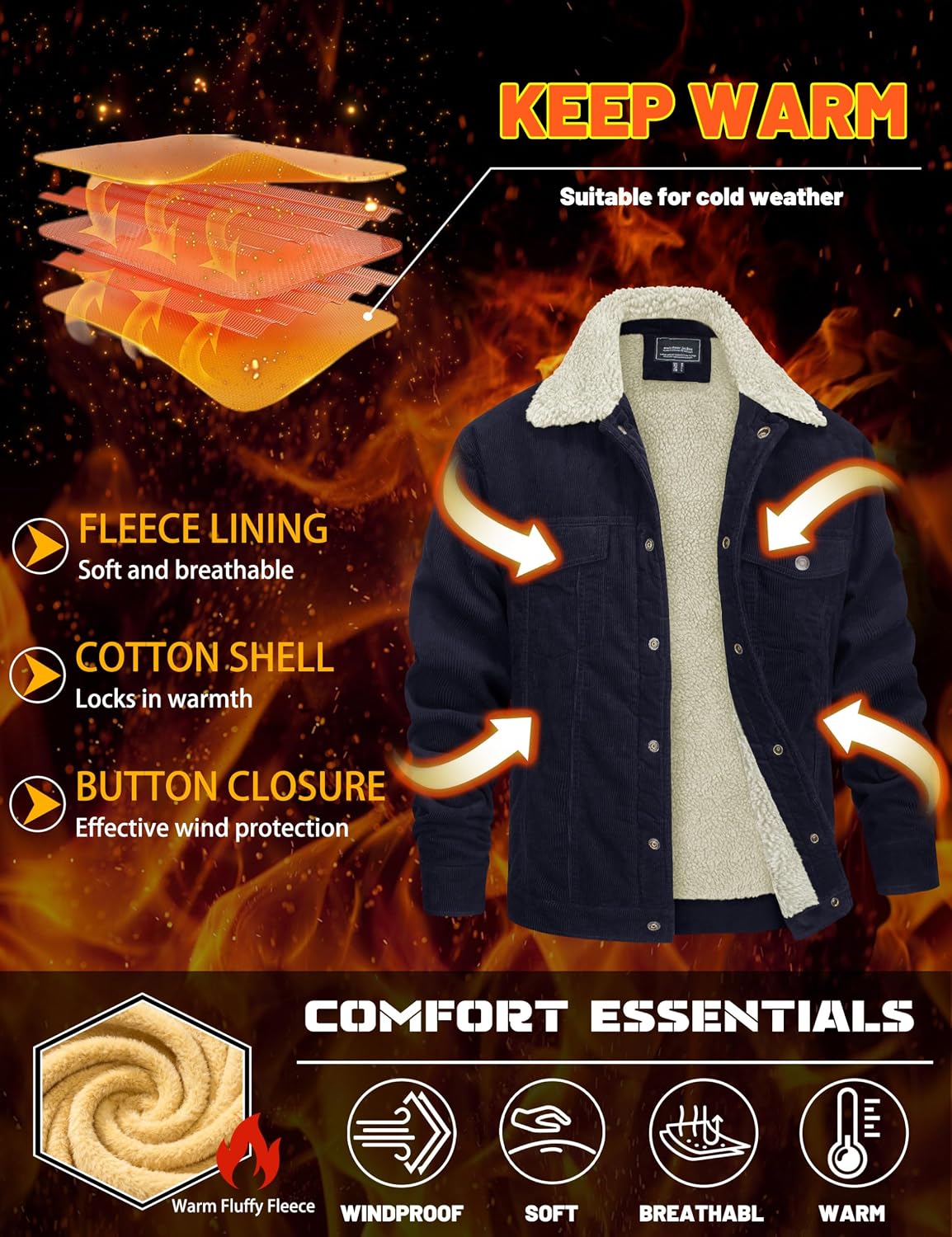 Detalle de MAGNIVIT MT-481-L22M687 Men's Corduroy Jacket, Fleece Lined, 5 Pockets