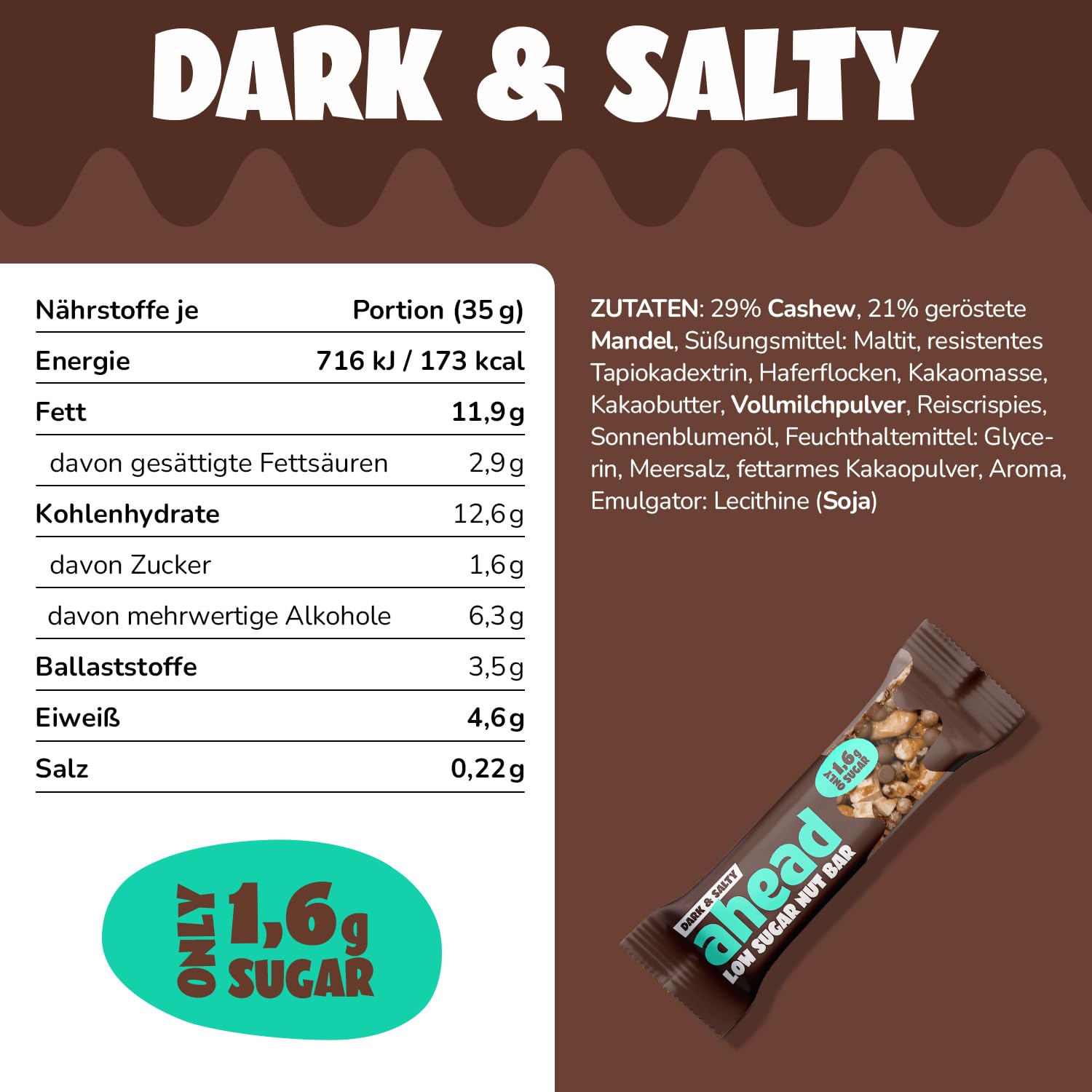 Detalle de AHEAD Nut Bar – Nussriegel zuckerfrei mit Zartbitterschokolade, Cashewkernen & Meersalz-Flocken (12x35g)