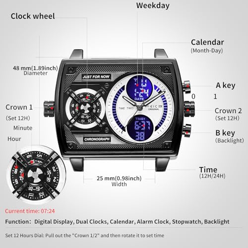 Detalle 2 de FEICE Reloj Cuadrado Multifuncional para Hombre FK814 47 mm: esfera grande analógico–digital en acero inoxidable