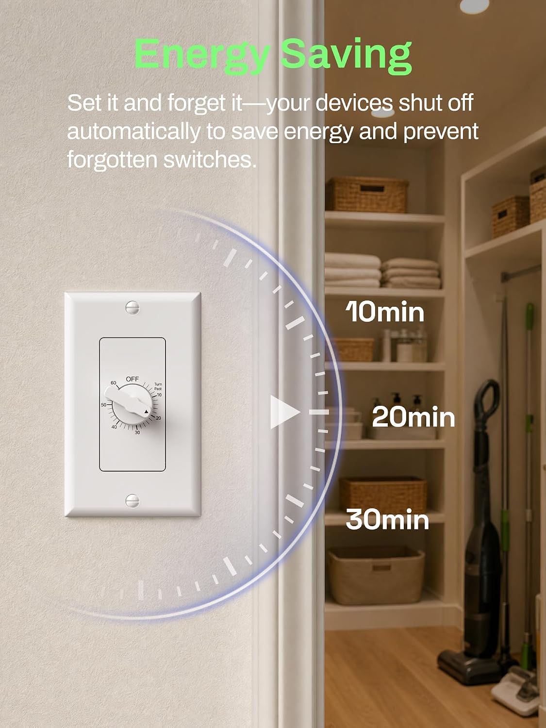Detalle de BN-LINK BND-60/U48 Bathroom Fan Timer Switch, 60-Minute Mechanical Countdown