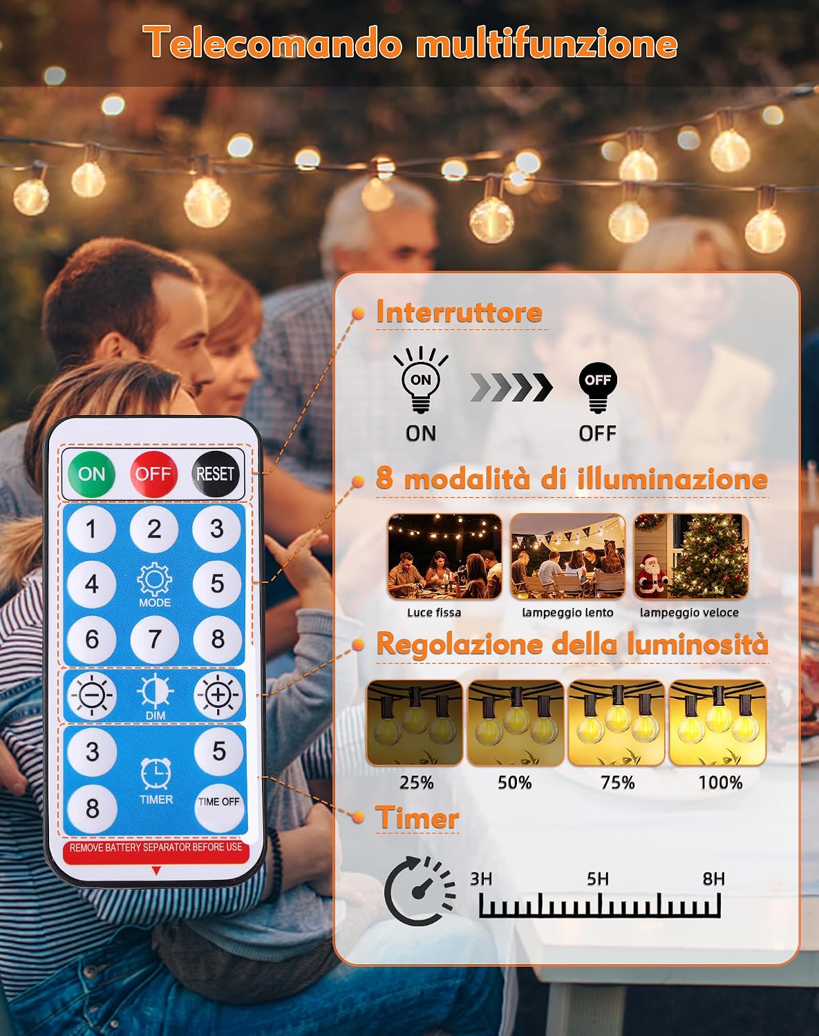 Detalle de Qxmcov Catena Luminosa Esterno Solare 10 m con 15+1 LED G40, IP44, Telecomando