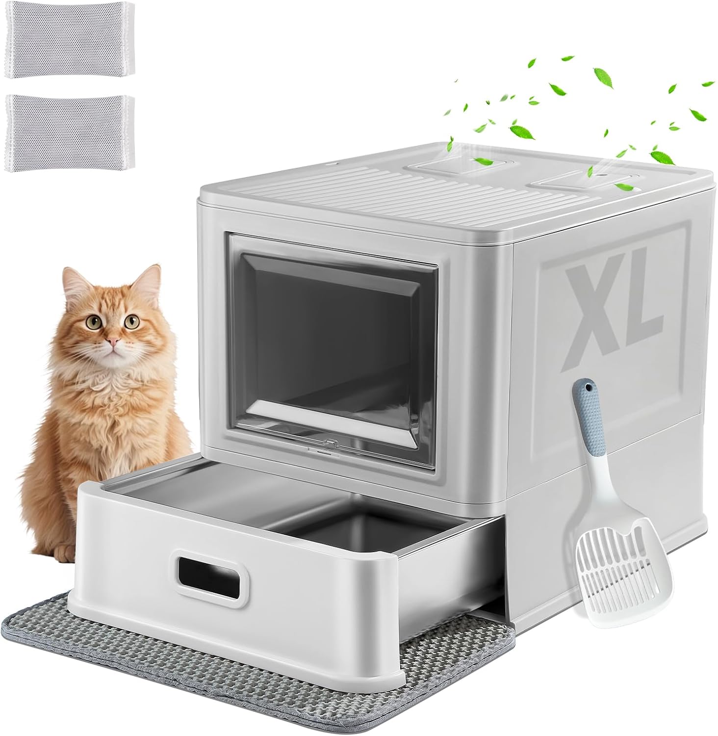 Detalle de Marchul XL Lettiera per gatti grande in acciaio inox con coperchio, cassetto estraibile e tappetino: design chiuso per odori contenuti
