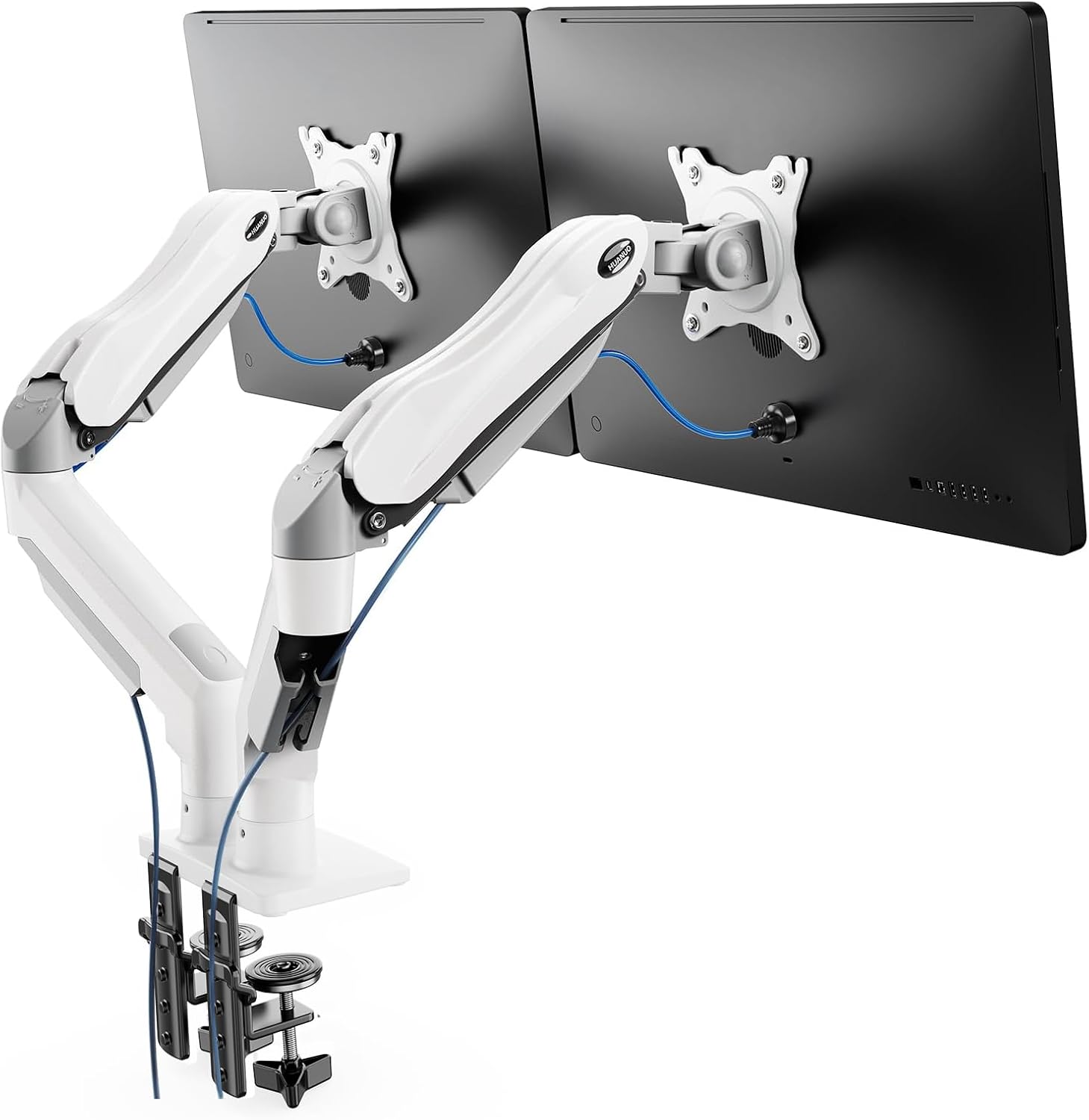 Detalle de HUANUO Monitorhalterung für 2 Monitore (13–32 Zoll) – VESA 75/100, 360° Drehung, kabelorganisiert, Weiß