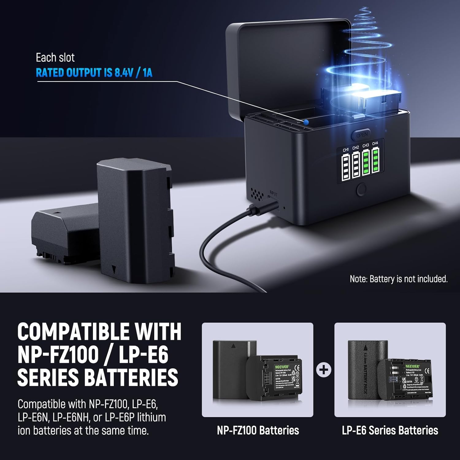 Thumbnail 1 de NEEWER NW-ZP4 caricabatterie USB 2in1 a 4 canali per NP-FZ100 e LP-E6 fino a 40W