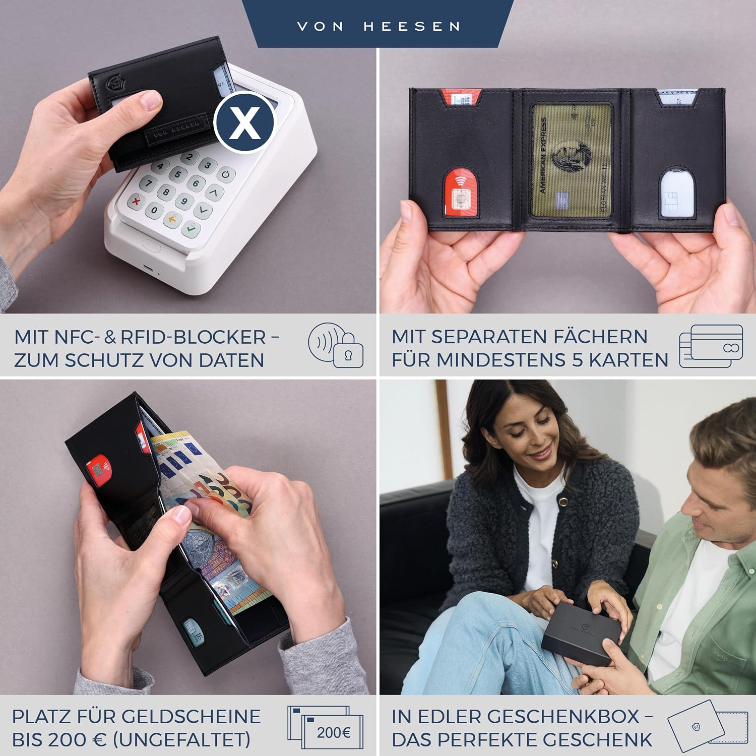 Thumbnail 1 de VON HEESEN Slim Wallet mit XL Münzfach & RFID-Schutz – Nappa-Leder Kartenetui klein (schwarz, glatt)