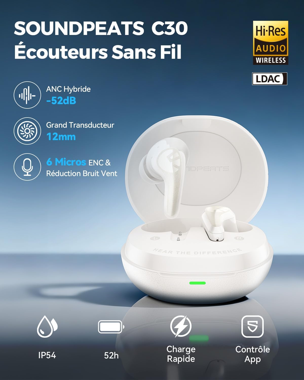 Thumbnail 1 de SoundPEATS C30 : écouteurs Bluetooth sans fil avec ANC hybride jusqu’à -52 dB, LDAC et autonomie 52 h