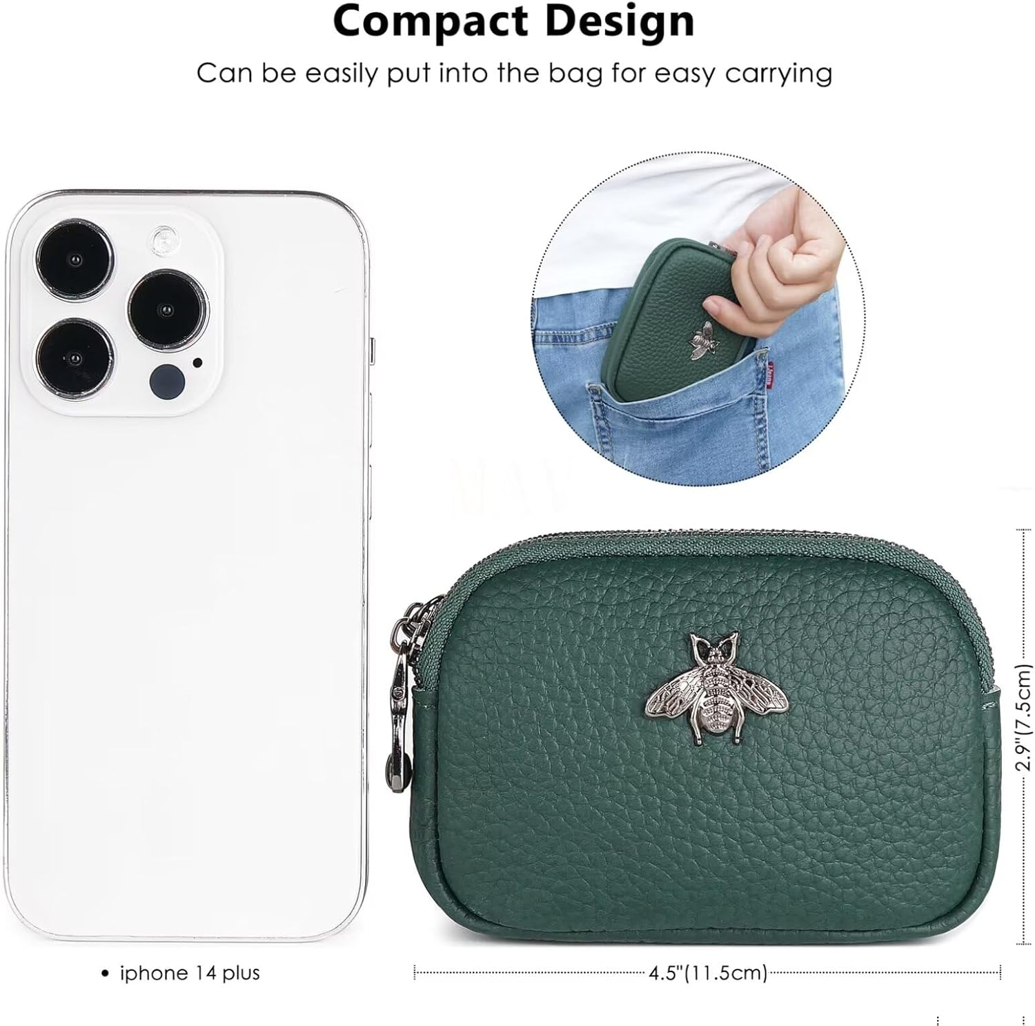 Thumbnail 4 de MAVHVAM Ladies Genuine Leather Mini Purses: Green Double Zip Coin Wallet