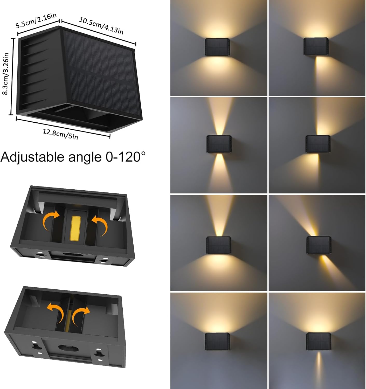 Detalle de T-SUN 2 Pezzi Applique Solare da Esterno Nero – Luce Calda 3000K, IP65, Up/Down