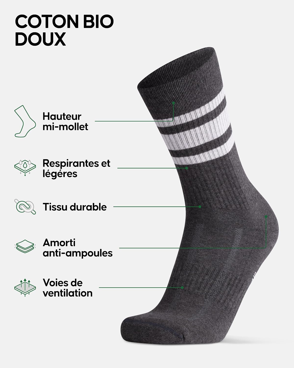 Detalle de DANISH ENDURANCE Chaussettes de Tennis – Chaussettes Sport rayées en coton bio, rembourrées, lot 3 ou 6
